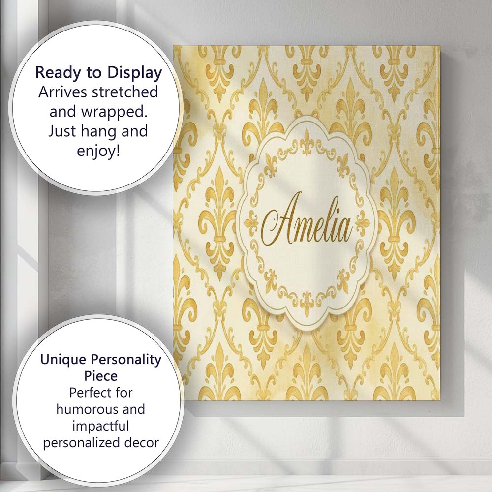 Personalised Name Yellow Classic Damask Custom  Modern Room Accent Elegant Feature Canvas Wall Art Print Decor Picture Ready to Hang