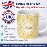 Personalized Custom Name Yellow Classic Damask Elegant Seamless Pattern Name Cute Unique Gift 11oz Ceramic Coffee Tea Mug White Large Handle