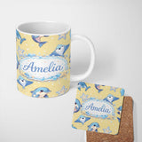 Personalized Custom Name Cute Dolphin Stingray Starfish Ocean Sea Life Warm Beige Background 11oz Ceramic Coffee Tea Mug White Large Handle