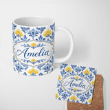 Personalized Custom Name Blue Yellow Floral Motif Vintage Seamless Pattern Name Cute Unique 11oz Ceramic Coffee Tea Mug White Large Handle