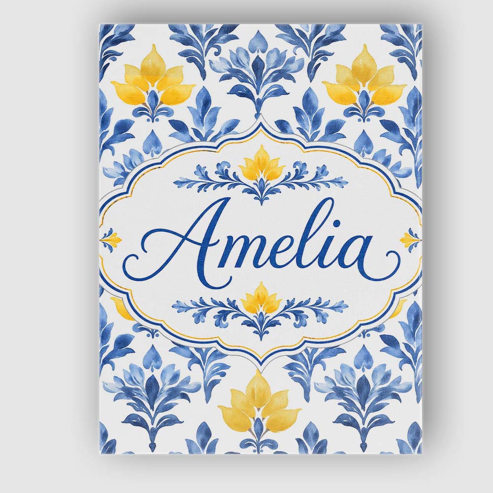 Personalised Name Blue Yellow Floral Motif Custom  Unique Gift Idea Elegant Feature Canvas Wall Art Print Decor Picture Ready to Hang