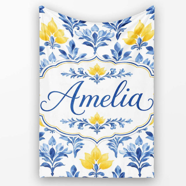 Blue Yellow Floral Motif Vintage Seamless Pattern Name Cute Unique  Personalised Custom Name Super Soft Fleece Blanket Bed Sofa Throw