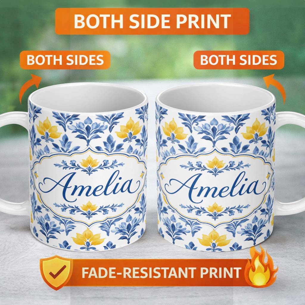 Personalized Custom Name Blue Yellow Floral Motif Vintage Seamless Pattern Name Cute Unique 11oz Ceramic Coffee Tea Mug White Large Handle
