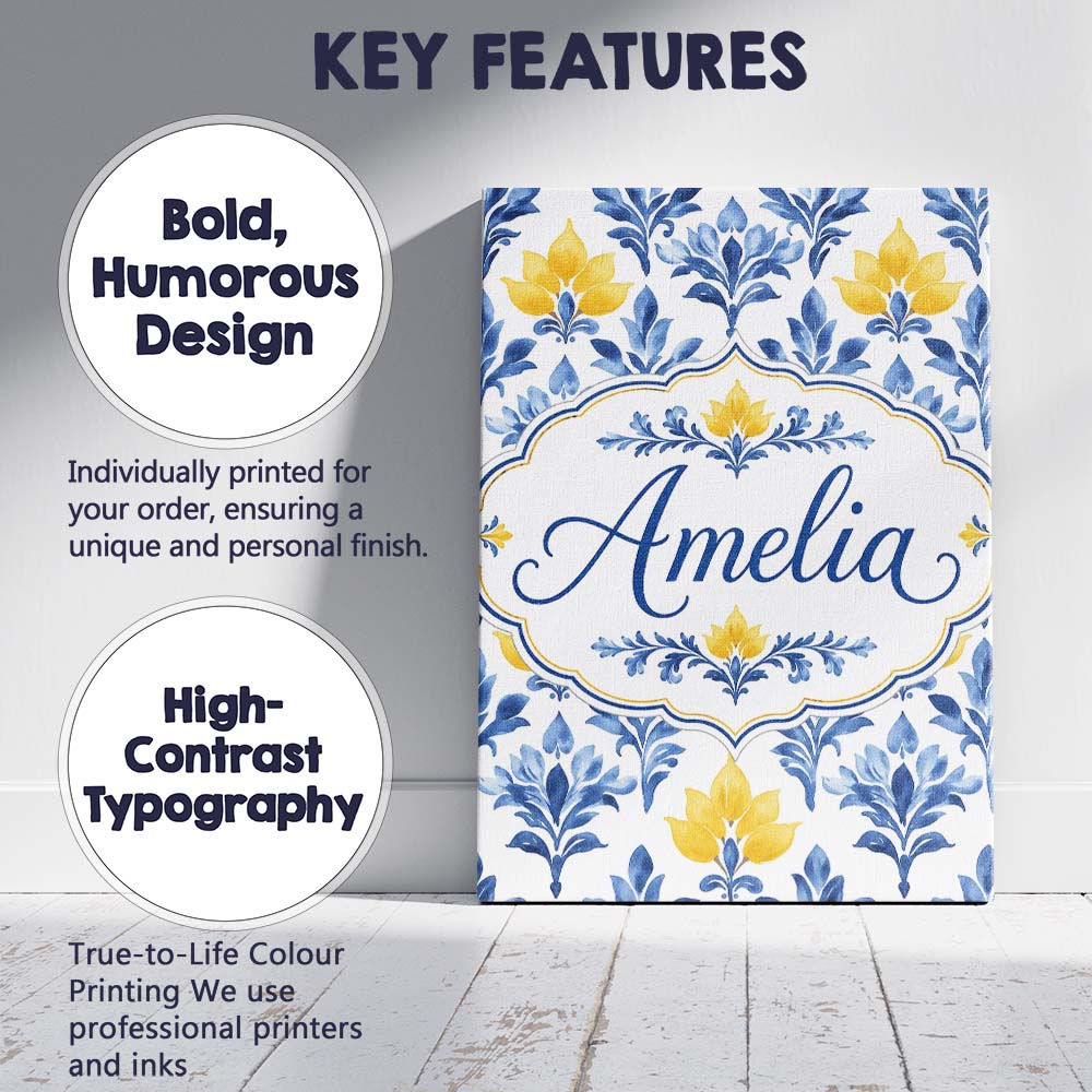 Personalised Name Blue Yellow Floral Motif Custom  Unique Gift Idea Elegant Feature Canvas Wall Art Print Decor Picture Ready to Hang