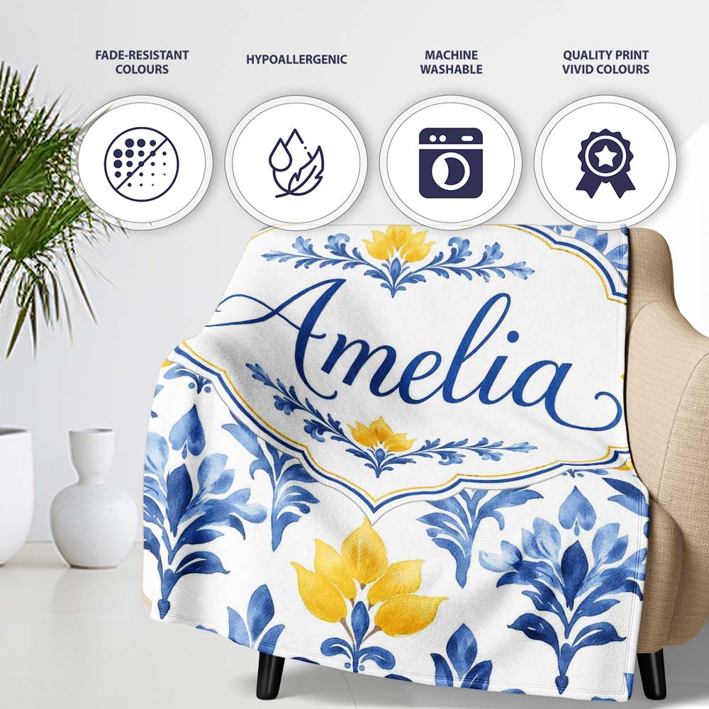 Blue Yellow Floral Motif Vintage Seamless Pattern Name Cute Unique  Personalised Custom Name Super Soft Fleece Blanket Bed Sofa Throw