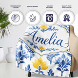 Blue Yellow Floral Motif Vintage Seamless Pattern Name Cute Unique  Personalised Custom Name Super Soft Fleece Blanket Bed Sofa Throw