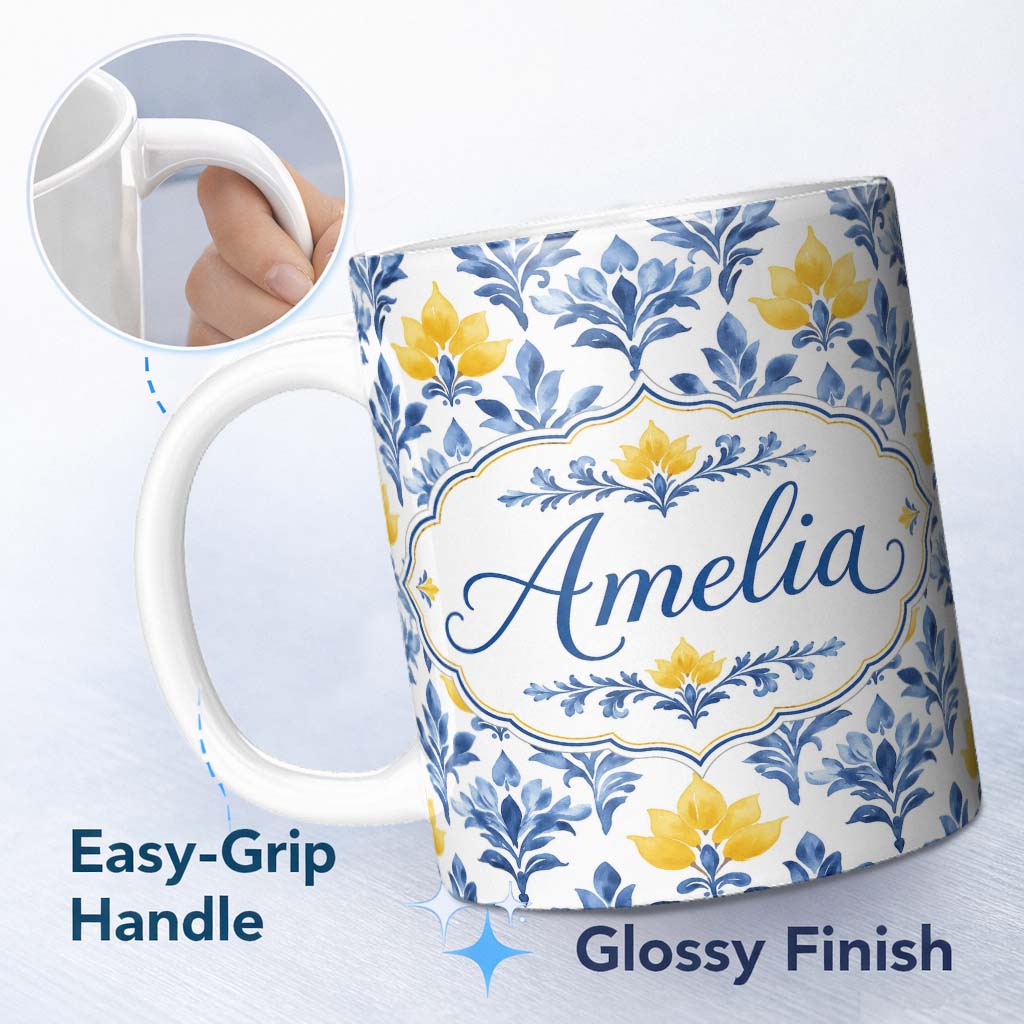 Personalized Custom Name Blue Yellow Floral Motif Vintage Seamless Pattern Name Cute Unique 11oz Ceramic Coffee Tea Mug White Large Handle