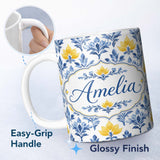 Personalized Custom Name Blue Yellow Floral Motif Vintage Seamless Pattern Name Cute Unique 11oz Ceramic Coffee Tea Mug White Large Handle