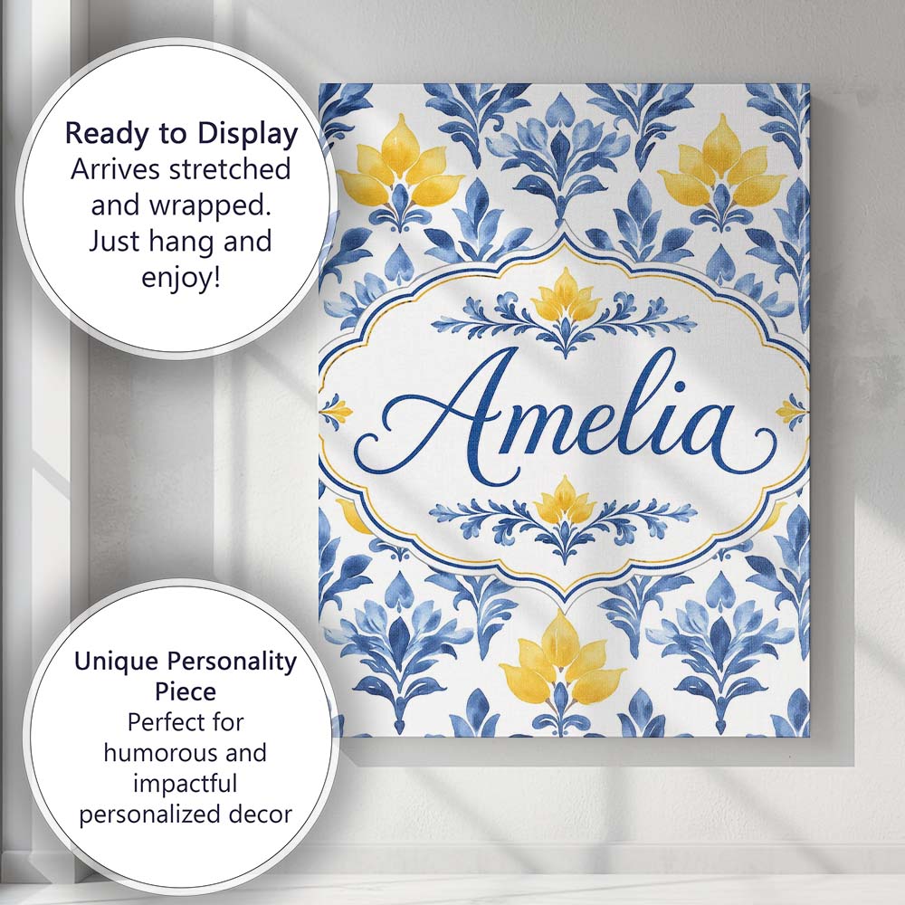 Personalised Name Blue Yellow Floral Motif Custom  Unique Gift Idea Elegant Feature Canvas Wall Art Print Decor Picture Ready to Hang