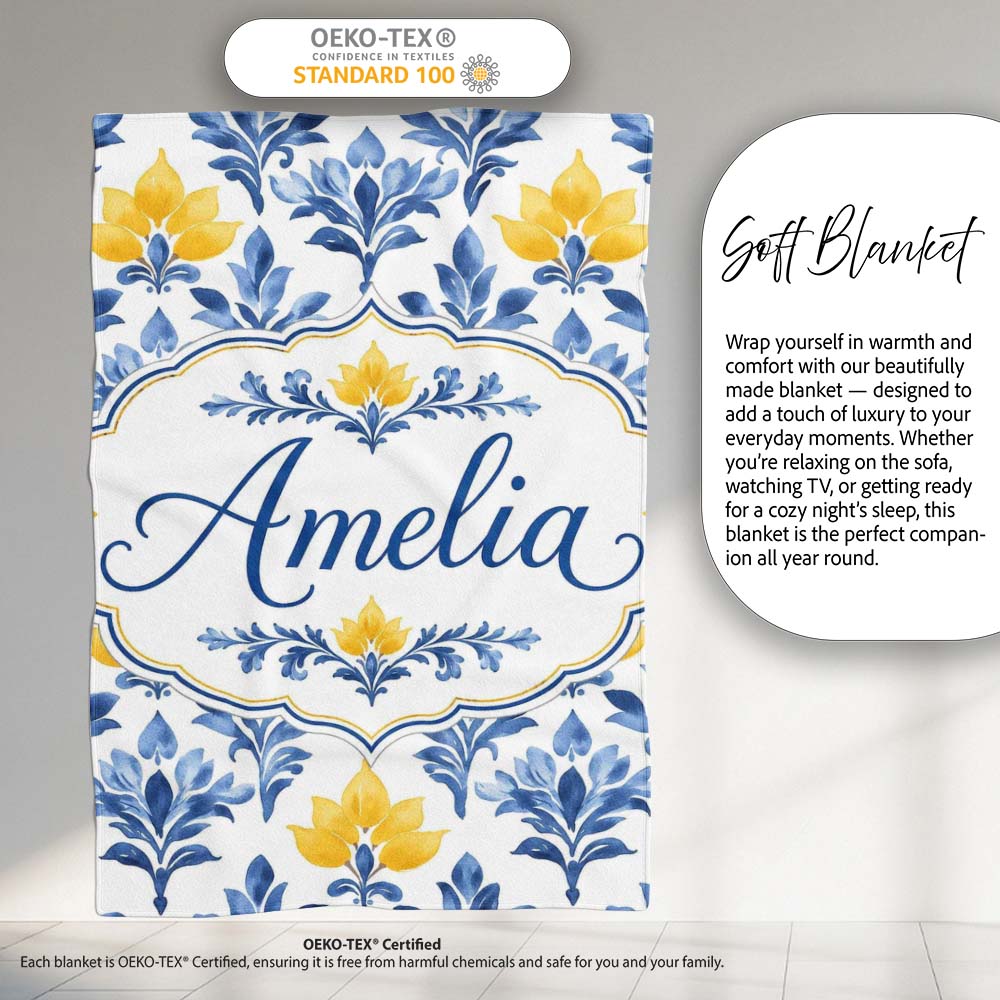 Blue Yellow Floral Motif Vintage Seamless Pattern Name Cute Unique  Personalised Custom Name Super Soft Fleece Blanket Bed Sofa Throw