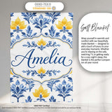 Blue Yellow Floral Motif Vintage Seamless Pattern Name Cute Unique  Personalised Custom Name Super Soft Fleece Blanket Bed Sofa Throw