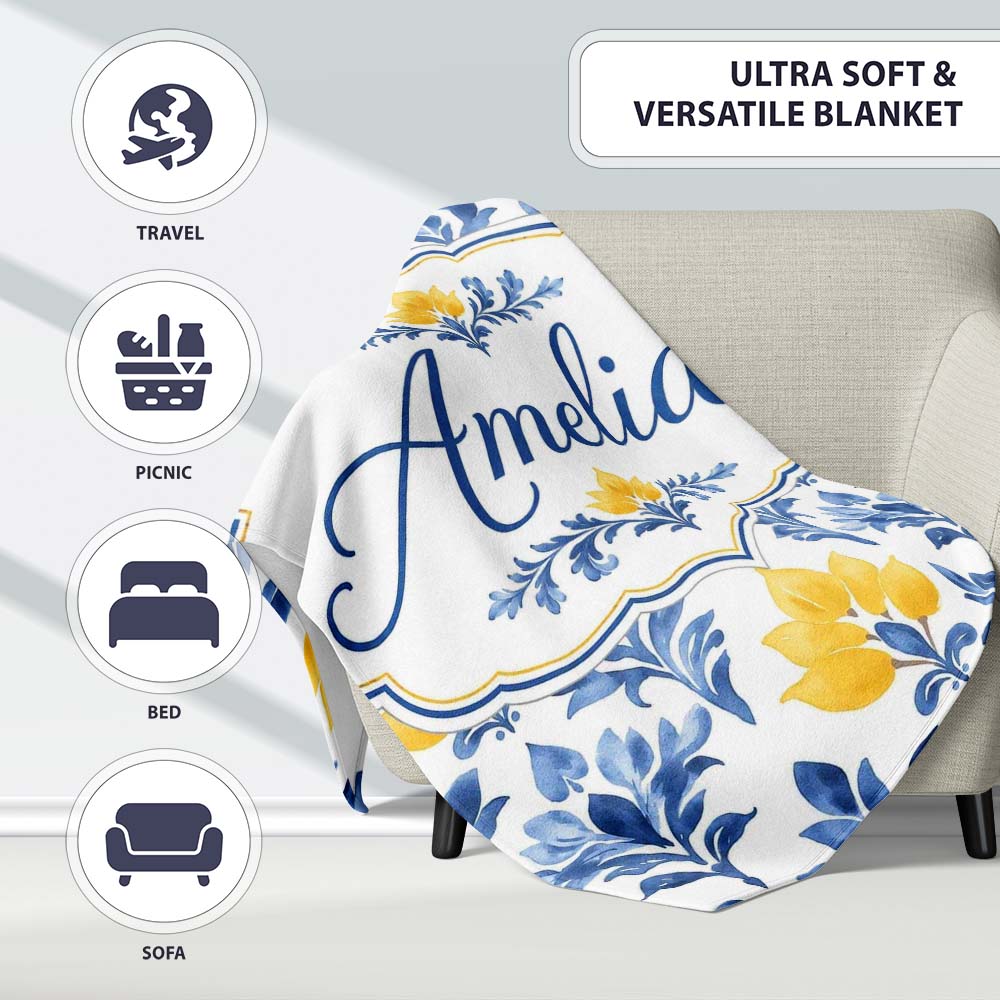 Blue Yellow Floral Motif Vintage Seamless Pattern Name Cute Unique  Personalised Custom Name Super Soft Fleece Blanket Bed Sofa Throw
