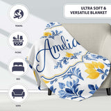 Blue Yellow Floral Motif Vintage Seamless Pattern Name Cute Unique  Personalised Custom Name Super Soft Fleece Blanket Bed Sofa Throw