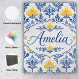Personalised Name Blue Yellow Floral Motif Custom  Unique Gift Idea Elegant Feature Canvas Wall Art Print Decor Picture Ready to Hang