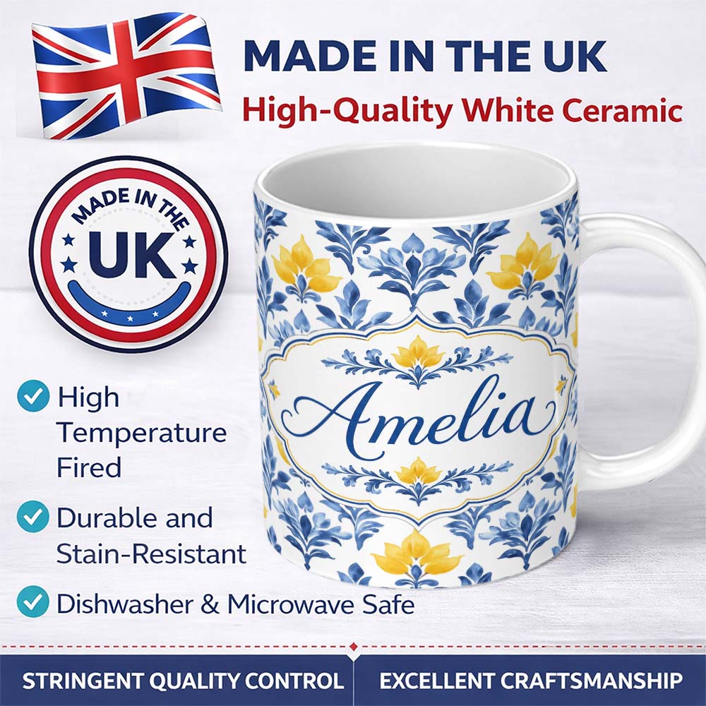 Personalized Custom Name Blue Yellow Floral Motif Vintage Seamless Pattern Name Cute Unique 11oz Ceramic Coffee Tea Mug White Large Handle