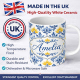 Personalized Custom Name Blue Yellow Floral Motif Vintage Seamless Pattern Name Cute Unique 11oz Ceramic Coffee Tea Mug White Large Handle