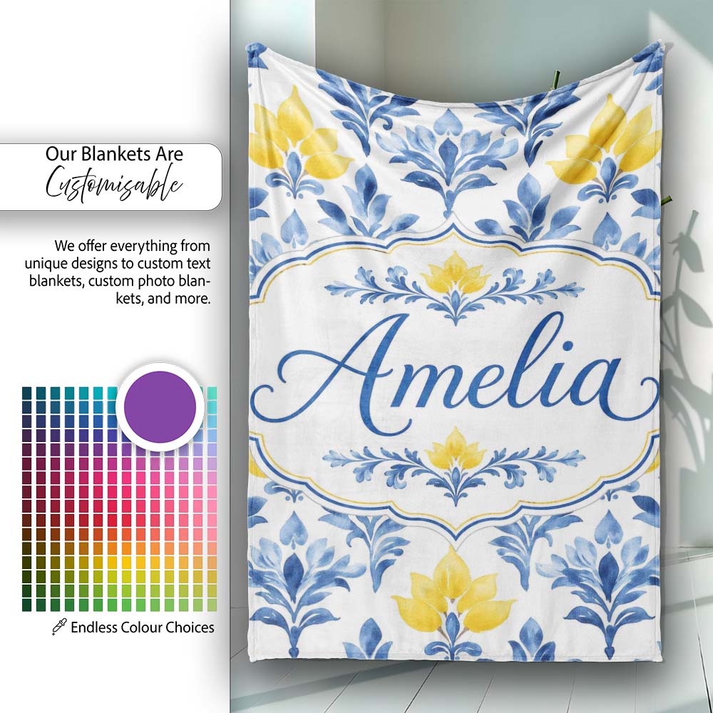 Blue Yellow Floral Motif Vintage Seamless Pattern Name Cute Unique  Personalised Custom Name Super Soft Fleece Blanket Bed Sofa Throw