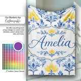 Blue Yellow Floral Motif Vintage Seamless Pattern Name Cute Unique  Personalised Custom Name Super Soft Fleece Blanket Bed Sofa Throw