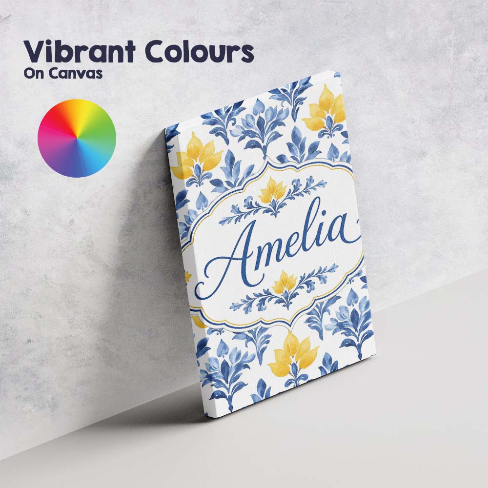 Personalised Name Blue Yellow Floral Motif Custom  Unique Gift Idea Elegant Feature Canvas Wall Art Print Decor Picture Ready to Hang
