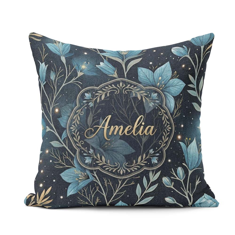 Custom Name Blue Floral Night Sky Stars Botanical Pattern Lovely Square Filled Cushion Throw Pillow Sofa Bed Home Decor Zip Washable UK Made