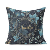 Custom Name Blue Floral Night Sky Stars Botanical Pattern Lovely Square Filled Cushion Throw Pillow Sofa Bed Home Decor Zip Washable UK Made