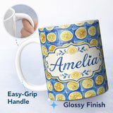 Personalized Custom Name Lemon Tile Blue Mediterranean Seamless Pattern Name Cute Unique Gift 11oz Ceramic Coffee Tea Mug White Large Handle