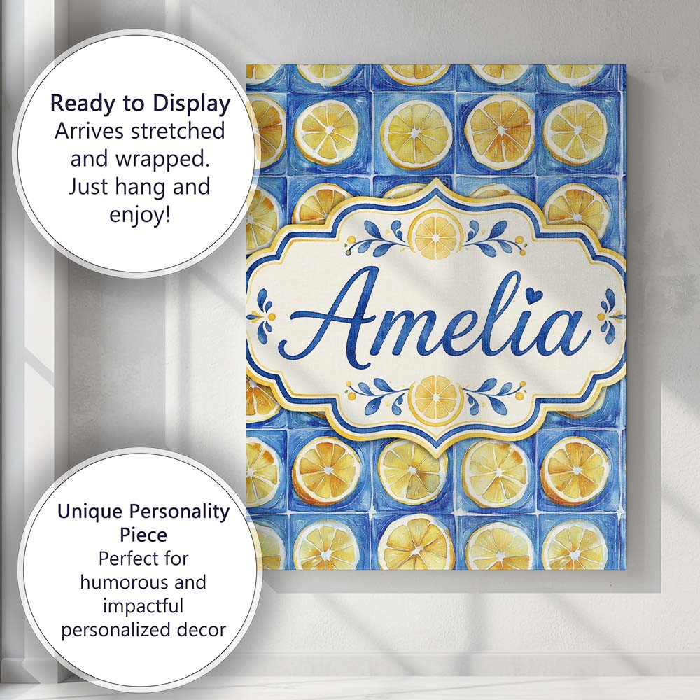 Personalised Name Lemon Tile Blue Mediterranean Seamless Pattern Creative Decorator Style Canvas Wall Art Print Decor Picture Ready to Hang