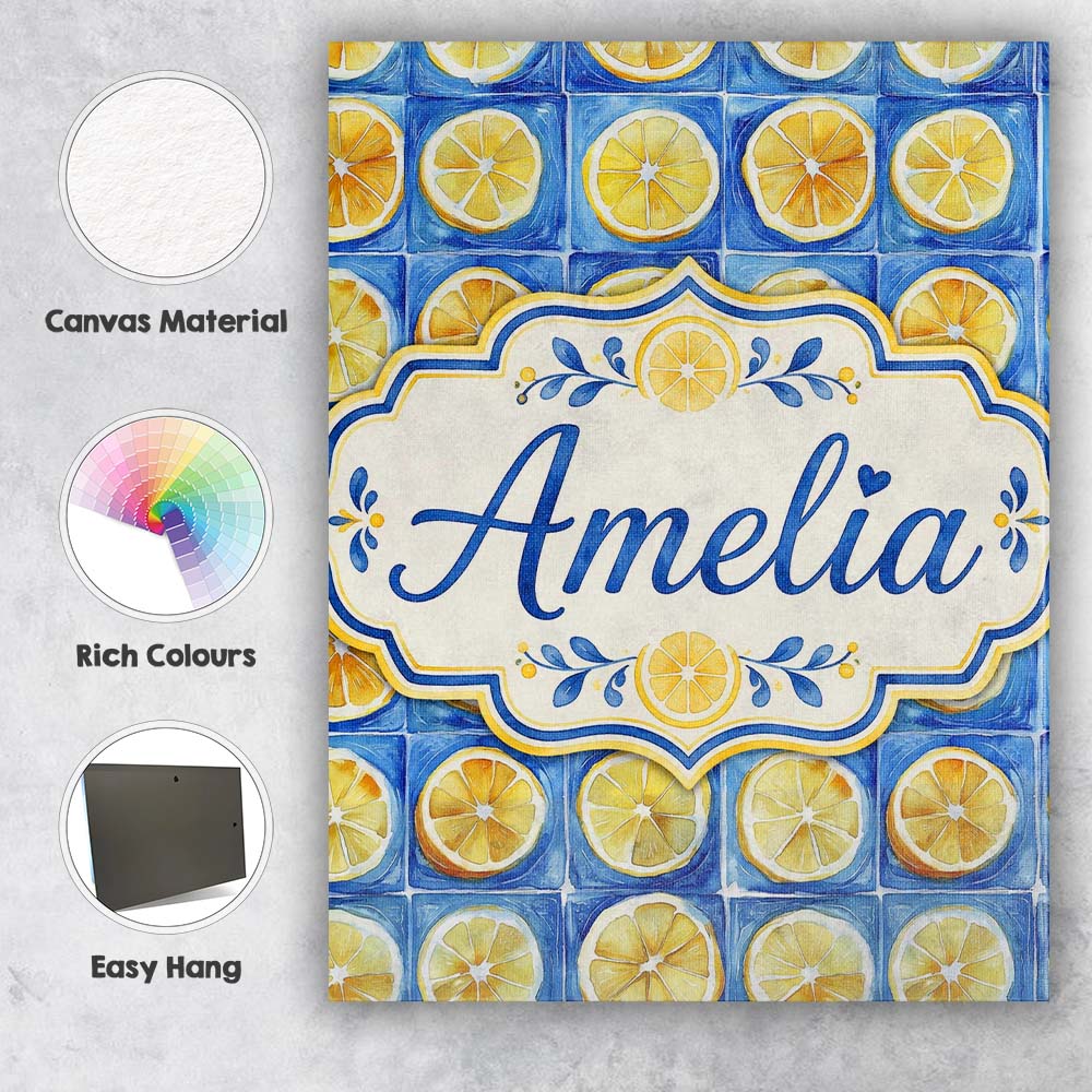 Personalised Name Lemon Tile Blue Mediterranean Seamless Pattern Creative Decorator Style Canvas Wall Art Print Decor Picture Ready to Hang