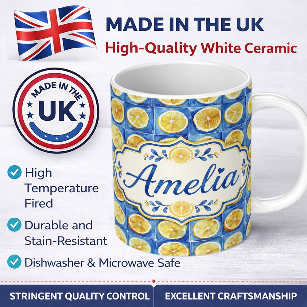 Personalized Custom Name Lemon Tile Blue Mediterranean Seamless Pattern Name Cute Unique Gift 11oz Ceramic Coffee Tea Mug White Large Handle
