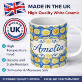 Personalized Custom Name Lemon Tile Blue Mediterranean Seamless Pattern Name Cute Unique Gift 11oz Ceramic Coffee Tea Mug White Large Handle