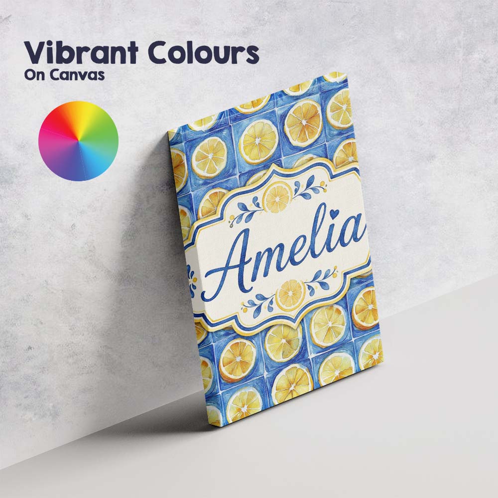 Personalised Name Lemon Tile Blue Mediterranean Seamless Pattern Creative Decorator Style Canvas Wall Art Print Decor Picture Ready to Hang