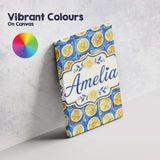 Personalised Name Lemon Tile Blue Mediterranean Seamless Pattern Creative Decorator Style Canvas Wall Art Print Decor Picture Ready to Hang