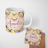 Personalized Custom Name Colorful Watercolor Butterflies on Soft Yellow Background Seamless 11oz Ceramic Coffee Tea Mug White Large Handle