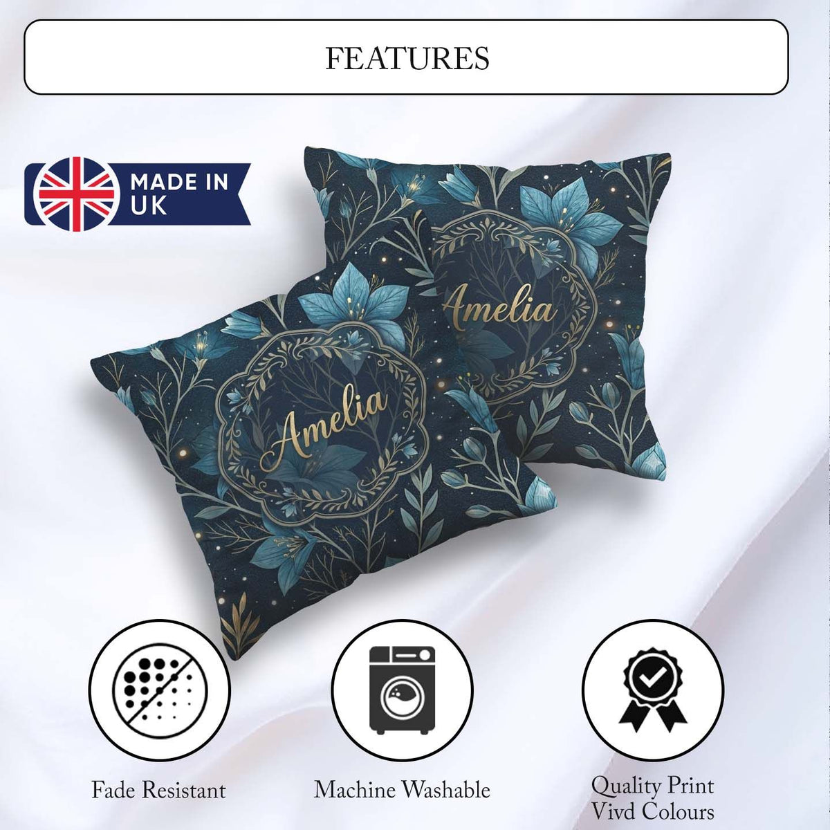 Custom Name Blue Floral Night Sky Stars Botanical Pattern Lovely Square Filled Cushion Throw Pillow Sofa Bed Home Decor Zip Washable UK Made