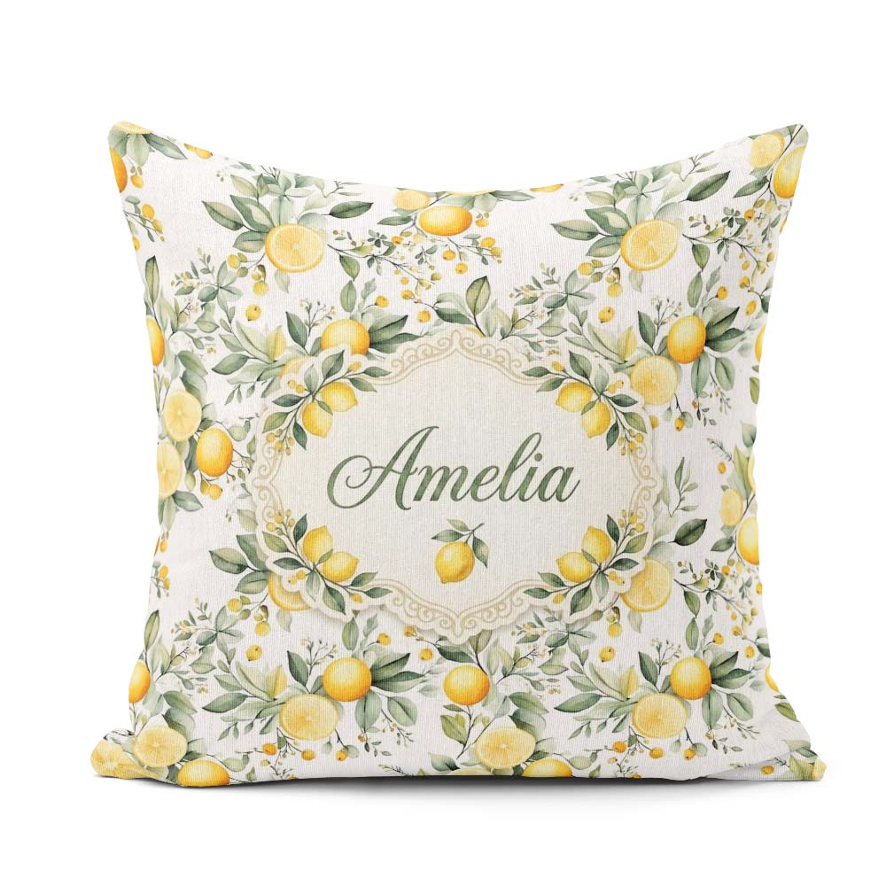 Custom Name Watercolor Citrus Leaves Seamless Pattern Botanical Square Filled Cushion Throw Pillow Sofa Bed Home Decor Zip Washable UK Made