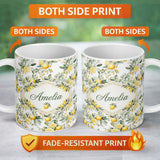 Personalized Custom Name Watercolor Lemon Citrus Leaves Seamless Pattern Botanical Summer 11oz Ceramic Coffee Tea Mug White Large Handle