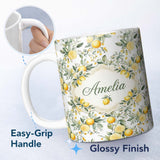 Personalized Custom Name Watercolor Lemon Citrus Leaves Seamless Pattern Botanical Summer 11oz Ceramic Coffee Tea Mug White Large Handle