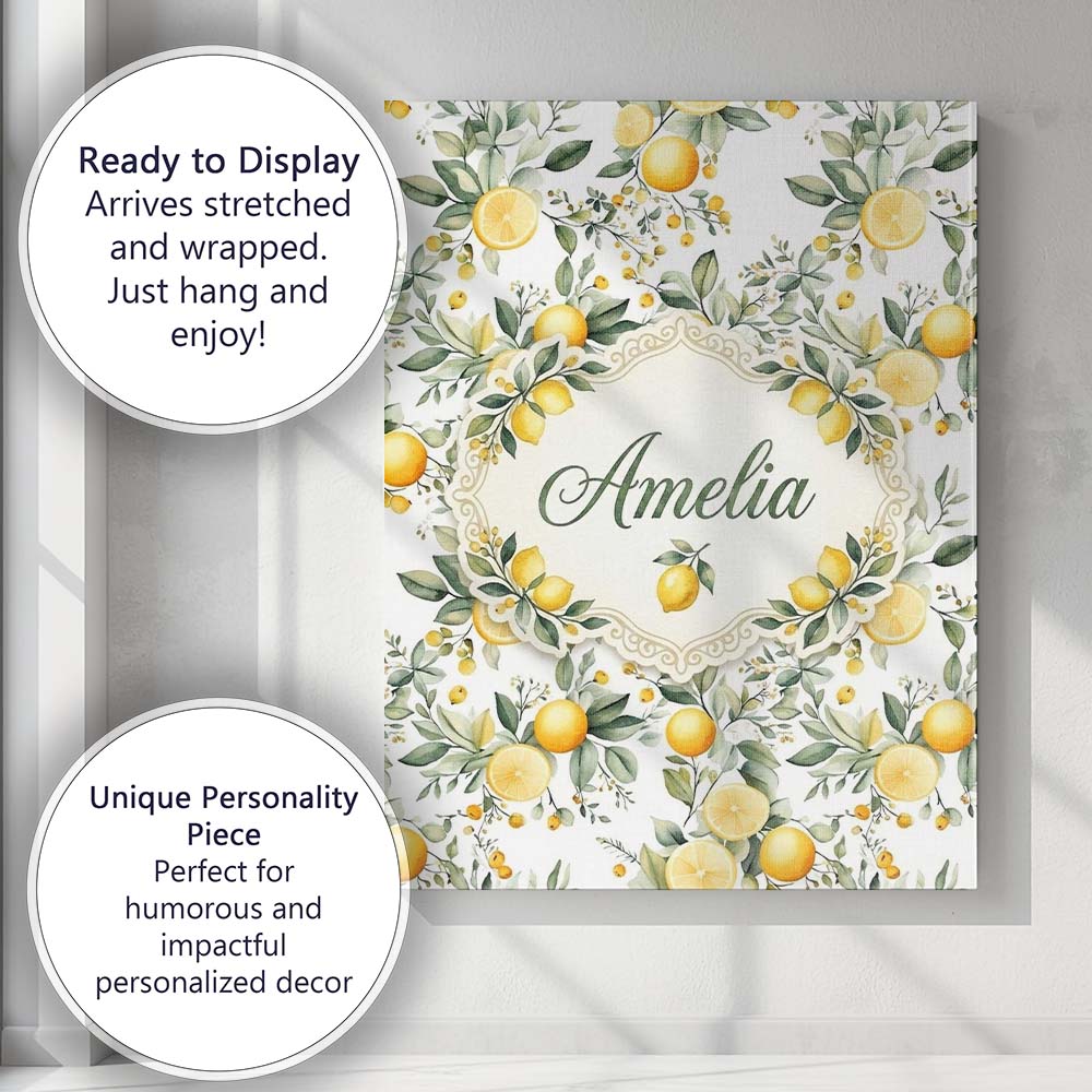 Personalised Name Watercolor Lemon Citrus Custom  Unique Gift Idea Elegant Feature Canvas Wall Art Print Decor Picture Ready to Hang