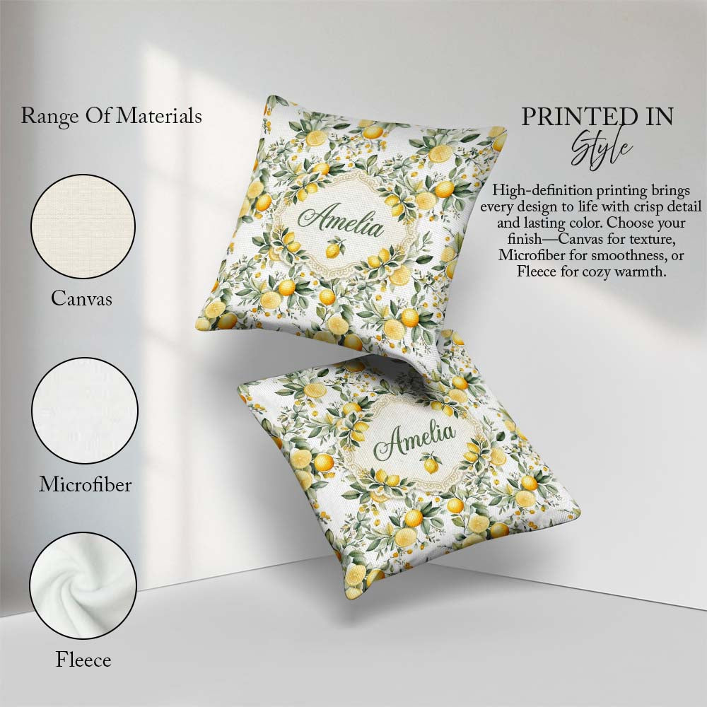 Custom Name Watercolor Citrus Leaves Seamless Pattern Botanical Square Filled Cushion Throw Pillow Sofa Bed Home Decor Zip Washable UK Made