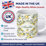 Personalized Custom Name Watercolor Lemon Citrus Leaves Seamless Pattern Botanical Summer 11oz Ceramic Coffee Tea Mug White Large Handle
