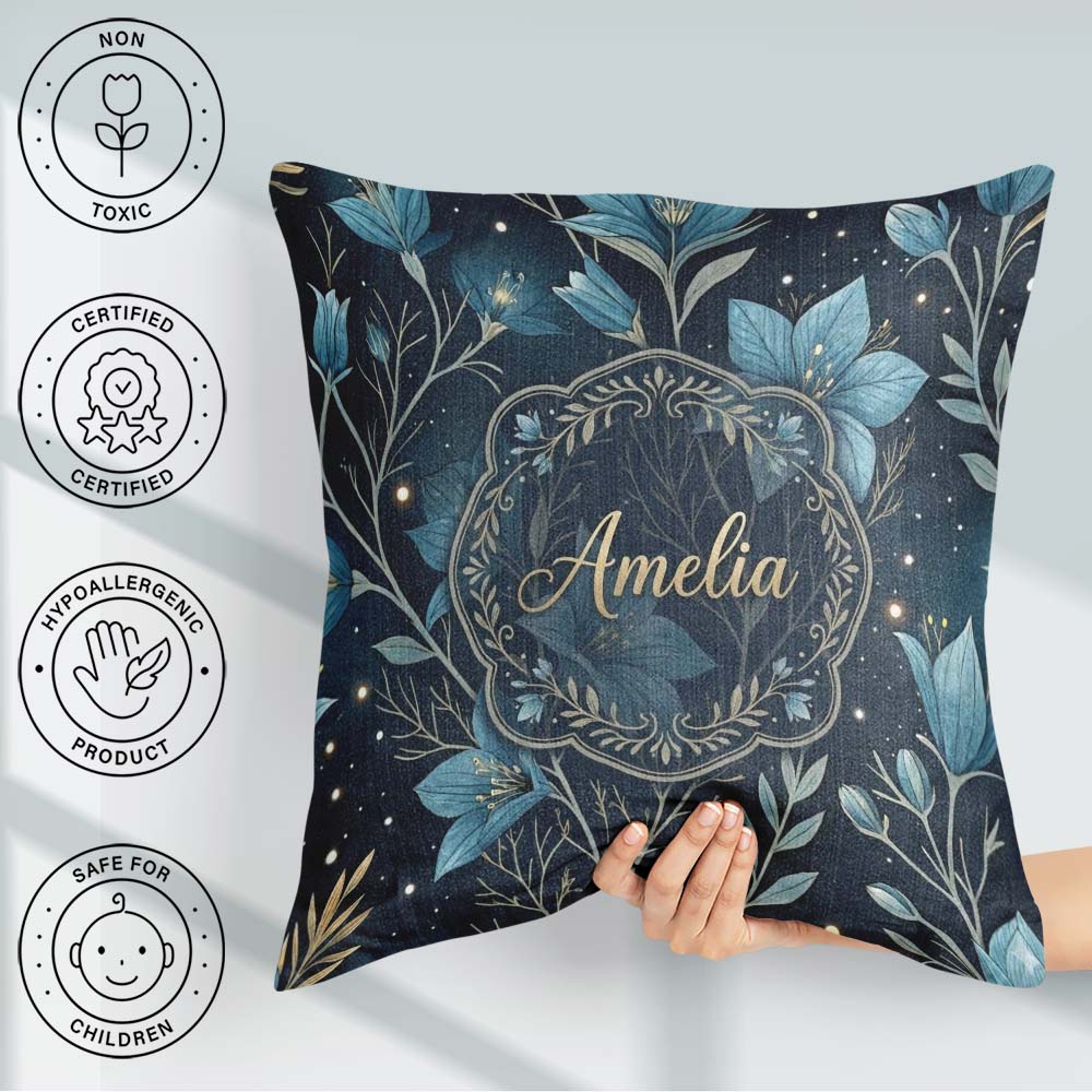 Custom Name Blue Floral Night Sky Stars Botanical Pattern Lovely Square Filled Cushion Throw Pillow Sofa Bed Home Decor Zip Washable UK Made