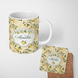 Personalized Custom Name Vintage Lemon Blossom Branches Elegant Floral Citrus Garden 11oz Ceramic Coffee Tea Mug White Large Handle