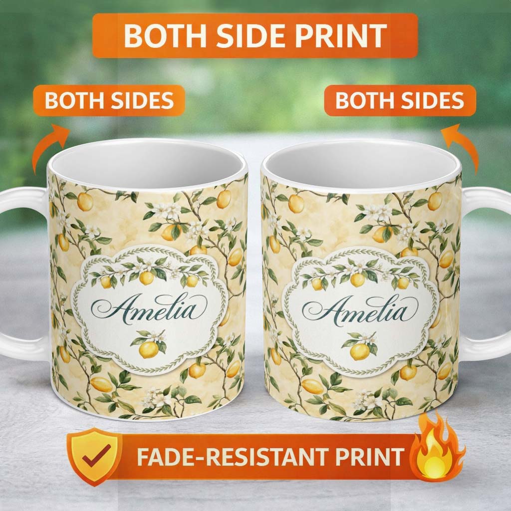 Personalized Custom Name Vintage Lemon Blossom Branches Elegant Floral Citrus Garden 11oz Ceramic Coffee Tea Mug White Large Handle