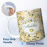 Personalized Custom Name Vintage Lemon Blossom Branches Elegant Floral Citrus Garden 11oz Ceramic Coffee Tea Mug White Large Handle