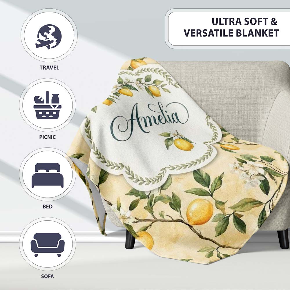 Vintage Lemon Blossom Branches Elegant Floral Citrus Garden  Personalised Custom Name Super Soft Fleece Blanket Bed Sofa Throw