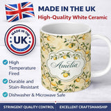 Personalized Custom Name Vintage Lemon Blossom Branches Elegant Floral Citrus Garden 11oz Ceramic Coffee Tea Mug White Large Handle