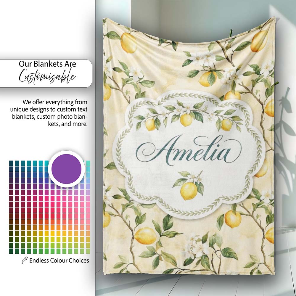 Vintage Lemon Blossom Branches Elegant Floral Citrus Garden  Personalised Custom Name Super Soft Fleece Blanket Bed Sofa Throw