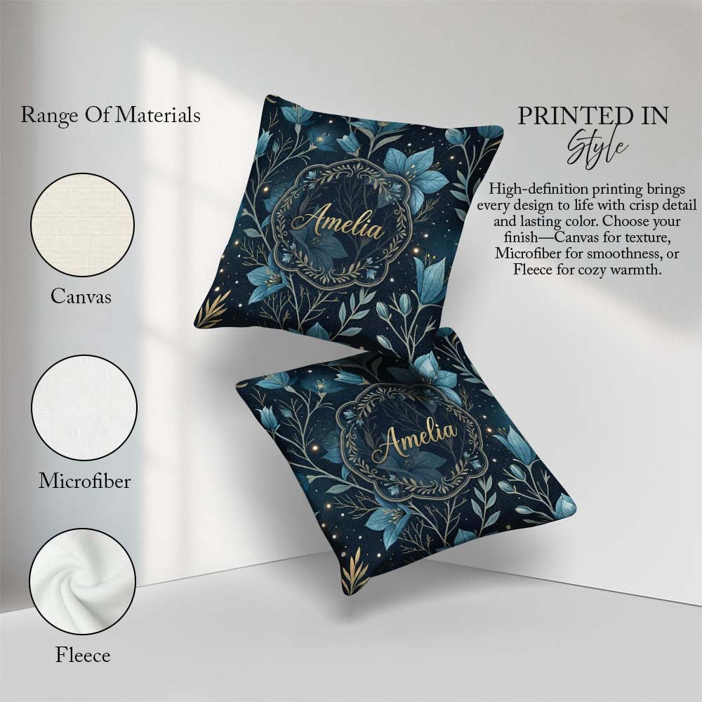 Custom Name Blue Floral Night Sky Stars Botanical Pattern Lovely Square Filled Cushion Throw Pillow Sofa Bed Home Decor Zip Washable UK Made