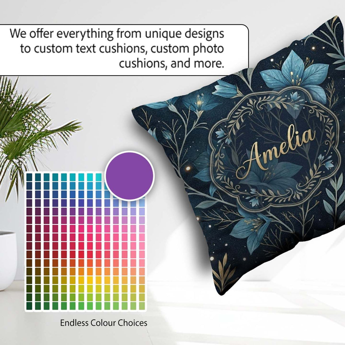 Custom Name Blue Floral Night Sky Stars Botanical Pattern Lovely Square Filled Cushion Throw Pillow Sofa Bed Home Decor Zip Washable UK Made