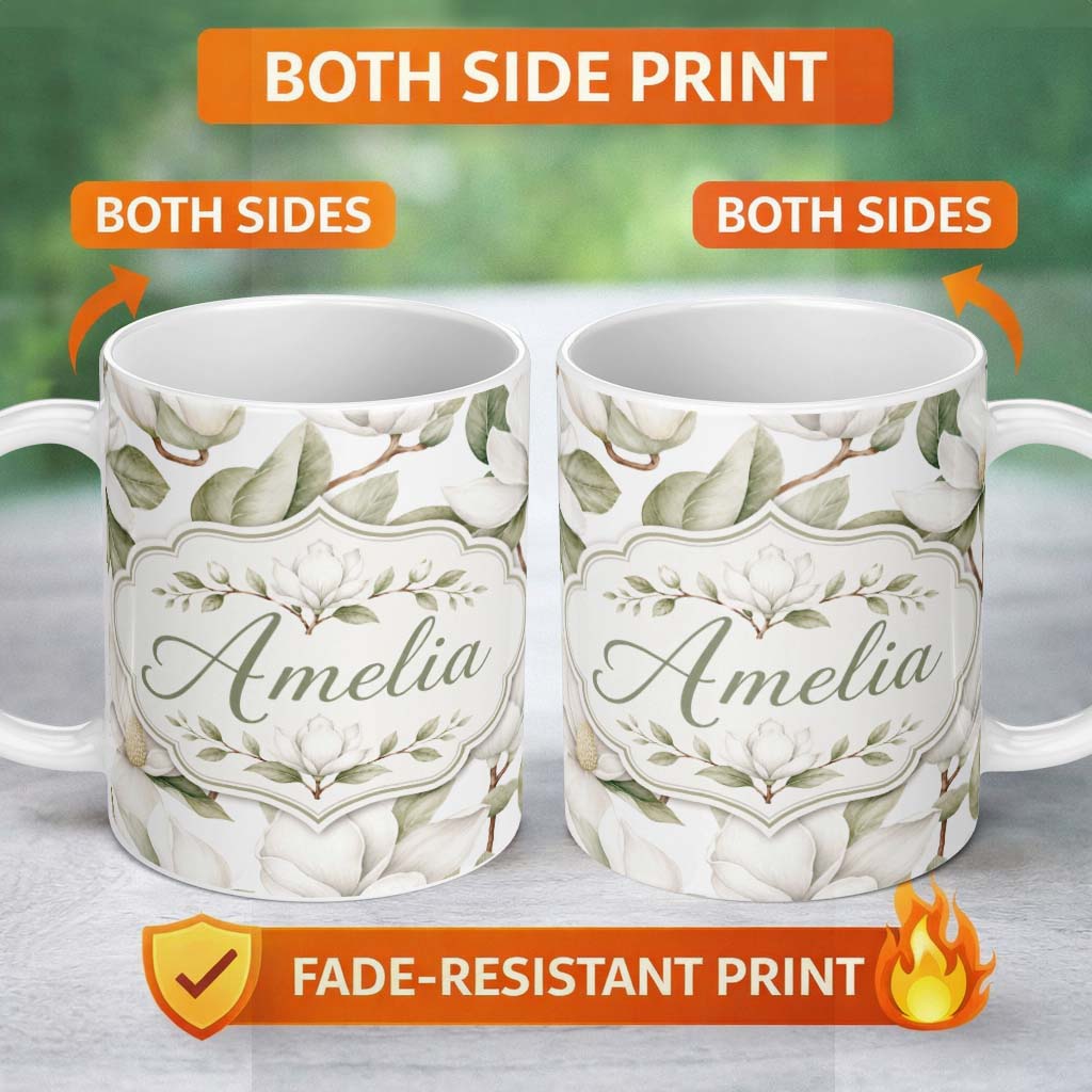 Personalized Custom Name Delicate Magnolia Bloom Pattern with Soft Botanical Leaves Seamless 11oz Ceramic Coffee Tea Mug White Large Handle